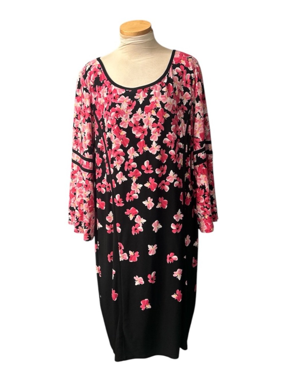 Calvin Klein Black Dress with Pink Floral Accents with Bell Sleeves Size 1X Plus